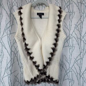 Cream Faux-Fur Trim Knit Sleeveless Sweater Vest